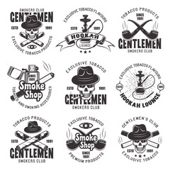 Smoking club and tobacco products vector emblems