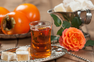 Turkish Delight. Hot Tea. Persimmon. Rose. Silver Dish.