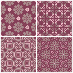 Set of violet seamless backgrounds with floral patterns