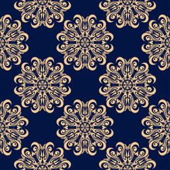 Golden floral element on dark blue background. Seamless pattern