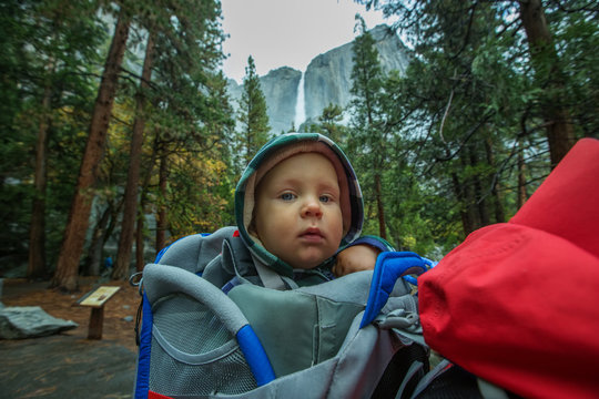 A father with baby son visit Yosemite National Park in Californai, USA