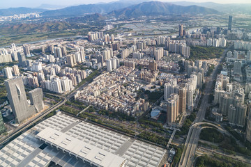 The modern buildings of the city skyscrapers.