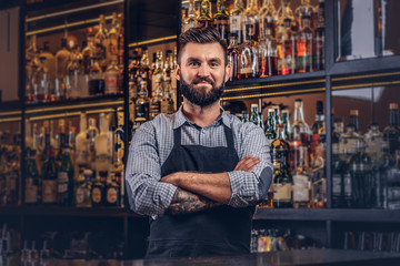 Stylish brutal bartender in a shirt and apron standing with crossed arms at bar counter background. - Powered by Adobe