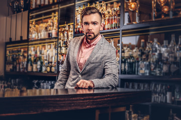 Stylish handsome male in an elegant suit standing at bar counter background.