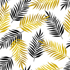 Naklejka premium Pattern with black and golden palm leaves