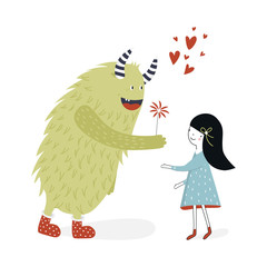 Cute nursery poster with girl and monster. Vector illustration in scandinavian style - 205779213