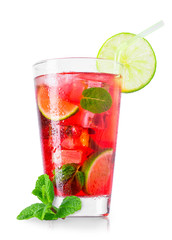 glass of cold red cocktail with straw isolated on white