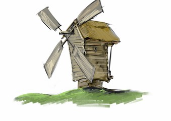 Paintings landscape, windmill, sketch