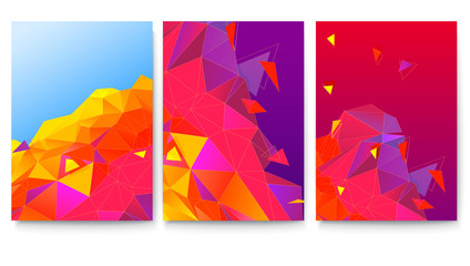 Set of covers with abstract geometric surfaces. Vector template of poster. Background with bright triangles for banners, 3D illustration.