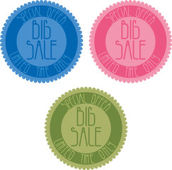special offer sale badge in 3 different color. blue, pink and yellow
