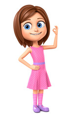 Girl in pink dress on a white background shows okay. 3d render illustration.