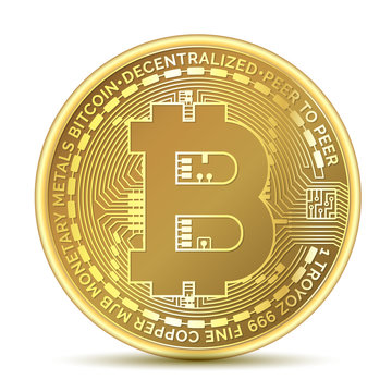 Bitcoin. Physical bit coin. Digital currency. Cryptocurrency. Golden coin with bitcoin symbol isolated - for stock