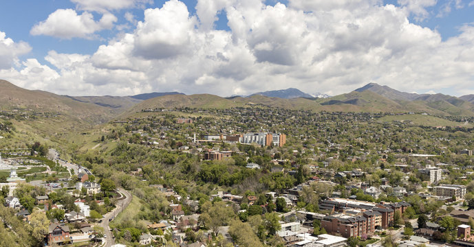 Aerial view of the Latter Day Saints (LDS) Mormon Hospital and north Salt Lake City viewed from downtown SLC, Utah, USA. 
