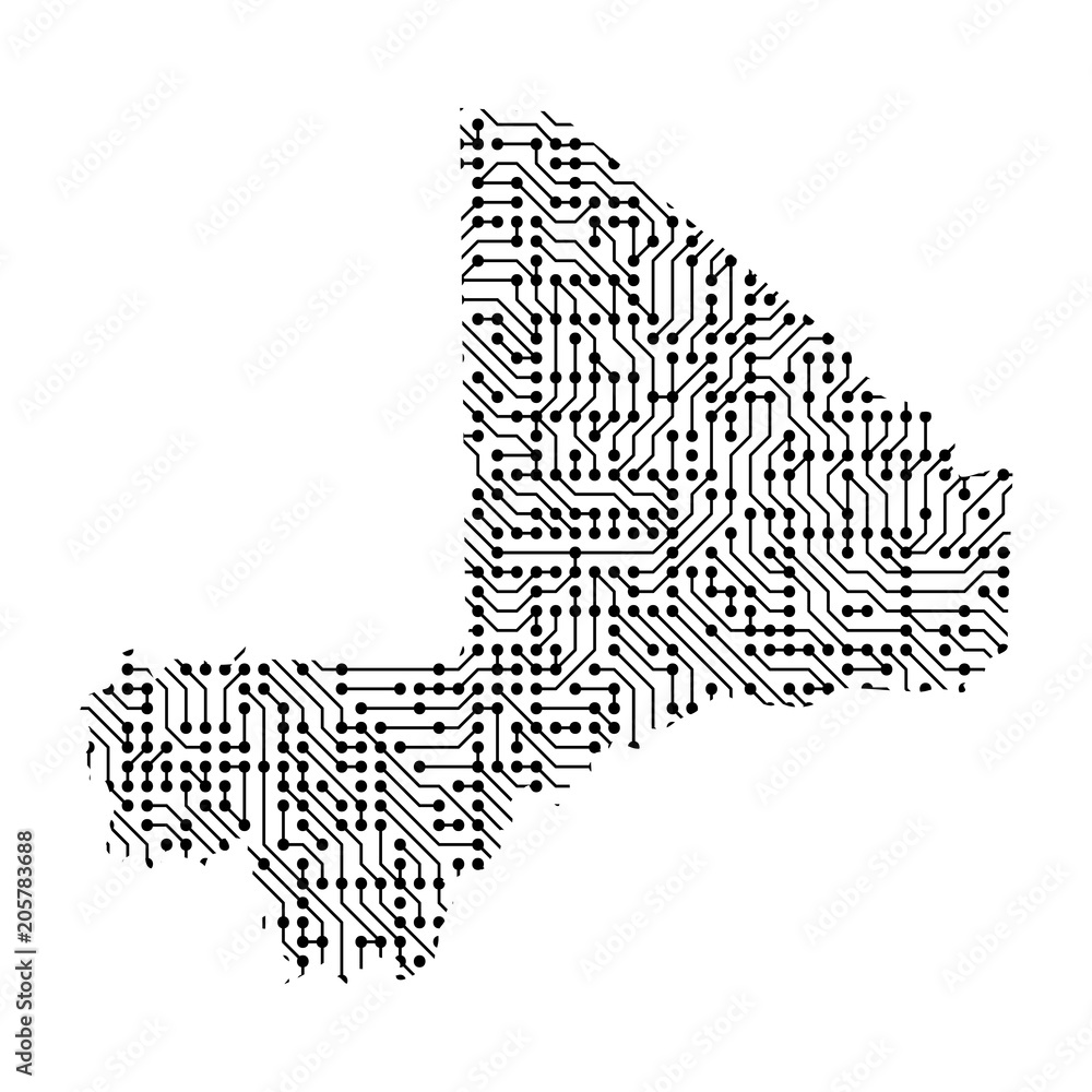 Poster abstract schematic map of mali from the black printed board, chip and radio component. computer elec