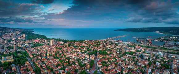 Varna, Bulgaria aerial drone view. Beautiful panorama of seascape and sea garden - obrazy, fototapety, plakaty
