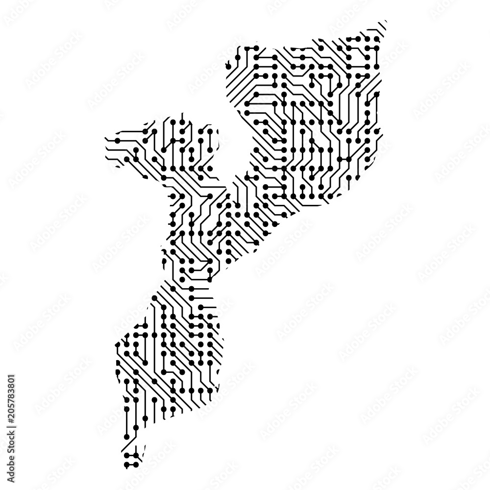 Poster abstract schematic map of mozambique from the black printed board, chip and radio component. compute