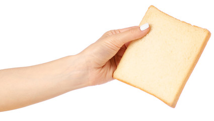 Toast bread in hand on a white background isolation