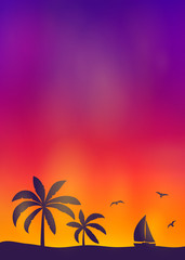 Fototapeta na wymiar Silhouette of palm trees on colourful sky - summer background with copyspace. Vector.