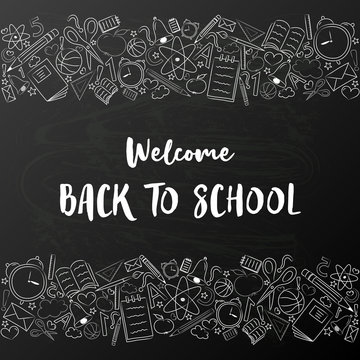 Welcome back to school - concept of banner with sketchy accessories. Vector.