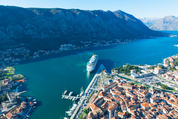 A large tourist ship enters the Bay of Kotor, Montenegro