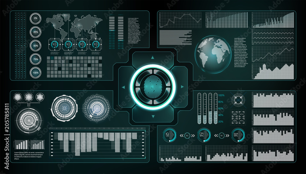 Poster verification scanners set. finger scan in futuristic style. biometric id with futuristic hud interfa