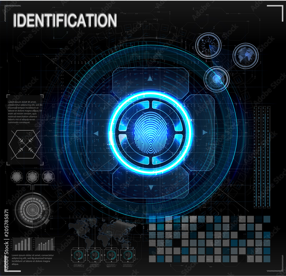 Poster verification scanners set. finger scan in futuristic style. biometric id with futuristic hud interfa