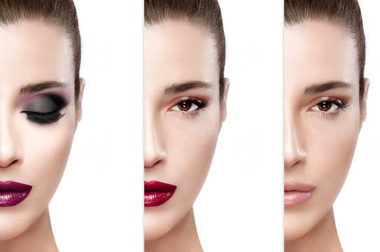 Fototapeta Beauty model girl showing the makeup process