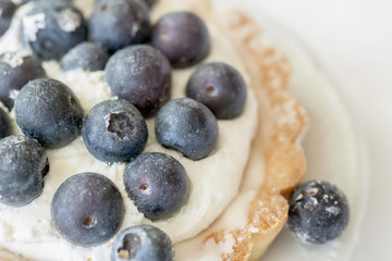 Fresh blueberry tartlet in portion plate close-up. Delicious summer berry dessert. Top view