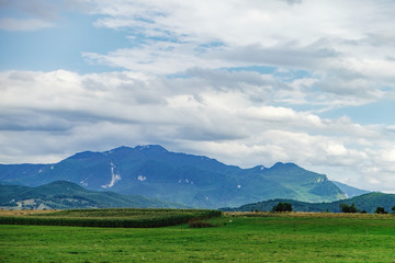 Naklejka premium Typowy krajobraz naturalny w kraju Suczawa: zielone pola i góry na horyzoncie, Rumunia.