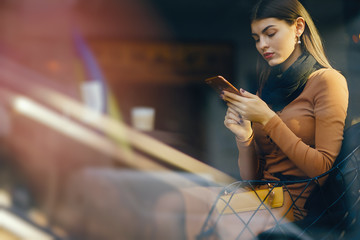 brunette girl using phone while at a restaurant