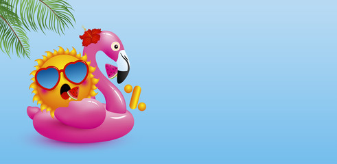 Zero percent or 0% design of sun on flamingo inflatable with watermelon ice cream and tropical leaves on blue background minimal summer vector illustration