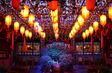 Pingyao, China - May 19, 2017: The decoration of red lampions on the streets of Pingyao Ancient Town China.