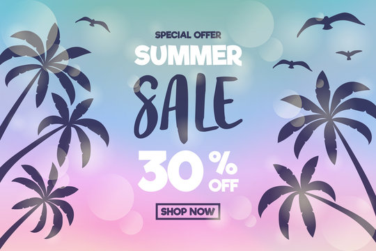 Summer Sale - shiny poster with palms and seagulls. Vector.