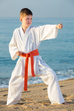 Boy doing karate at ocean quay