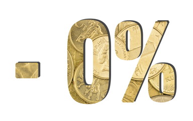 - 0% Percent and Discount. Shiny golden coins textures for designers. White isolate