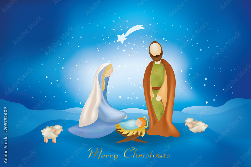 Wall mural christmas cards whit nativity scene on blue background