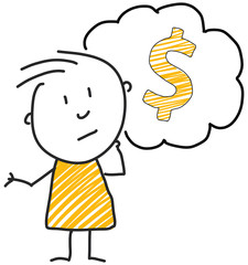 stick man standing and thinking bubble expression illustration yellow dollar