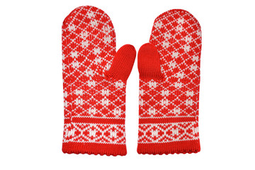 Red winter women's mittens isolated on white background