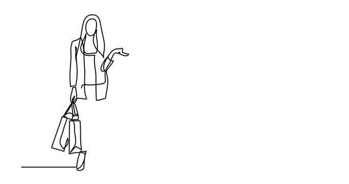 Self drawing animation of shopping woman with bags  - single line drawing