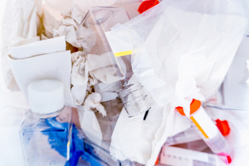 Danger laboratory chemical and medical waste. Plastic waste and ecology