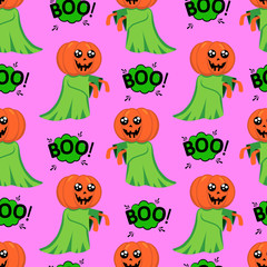 Abstract seamless halloween pattern for girls or boys. Creative vector background with a pretty ghost with a head instead of a pumpkin halloween. Funny halloween pattern for textile and fabric.
