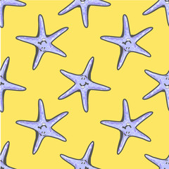 Exotic starfishes colorful seamless pattern. Blue summer endless texture for textile or web site background Vector illustration