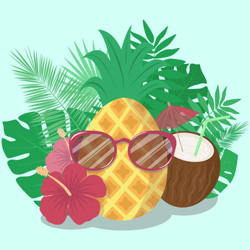 Vector image of pineapple in glasses, cocktail in the form of coconut, hibiscus flowers and tropical plants. Summer illustration on a light background.