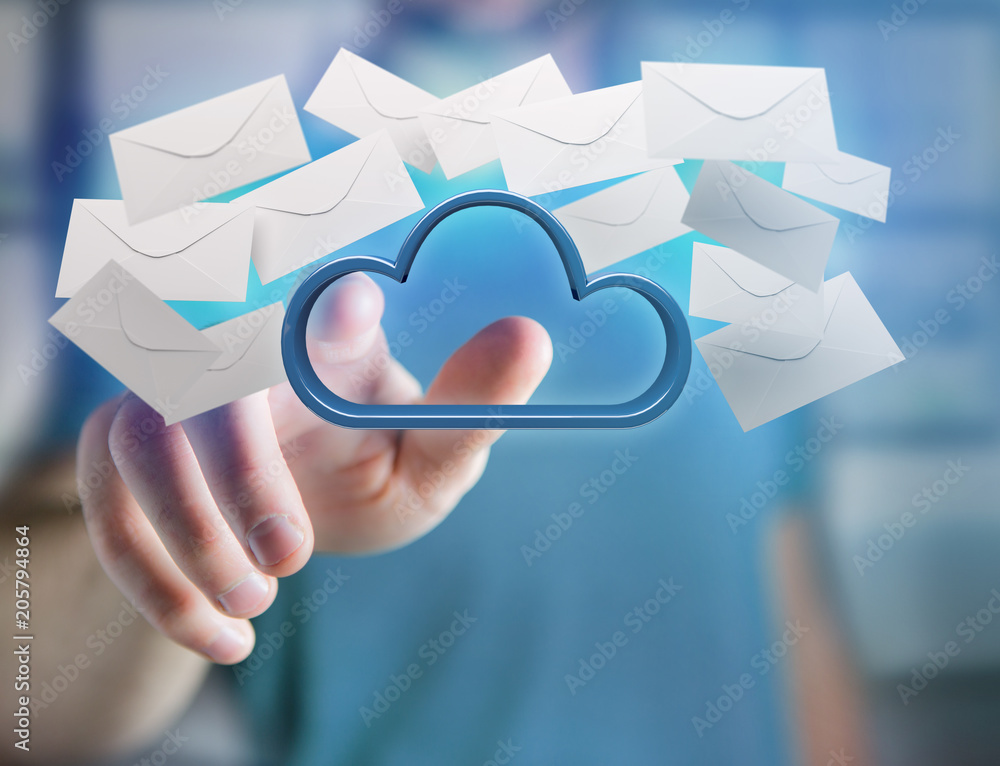 Poster blue cloud surrounded by realistic envelope email displayed on a futuristic interface - 3d rendering
