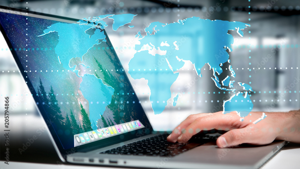 Poster businessman holding a connected world map on a futuristic interface - 3d render