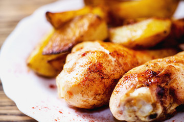 a tasty dish for the holiday, a new year or Christmas, baked potatoes with chicken legs, spices, paprika, sesame, bagel, olive oil, red wine on a wooden background