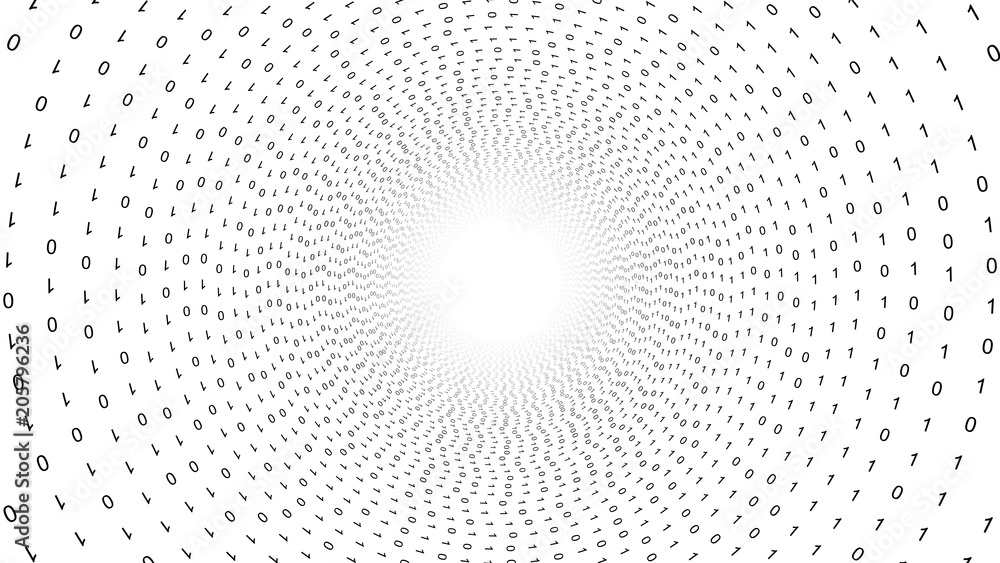 Poster 01 or binary data on the computer screen in circle shape on white background, 3d illustration