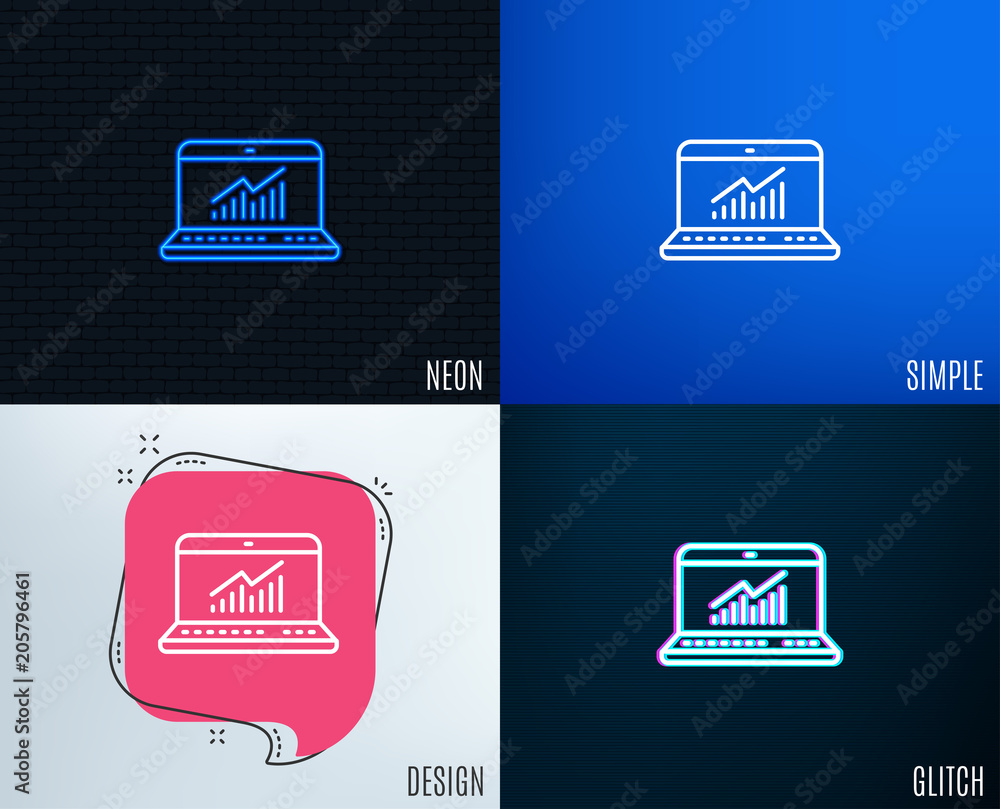 Aufkleber glitch, neon effect. data analysis and statistics line icon. report graph or chart sign. computer da