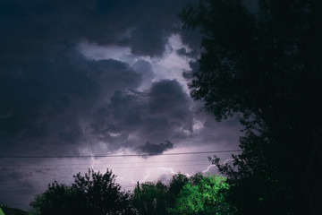 Night summer thunderstorm in the countryside. Night landscape
