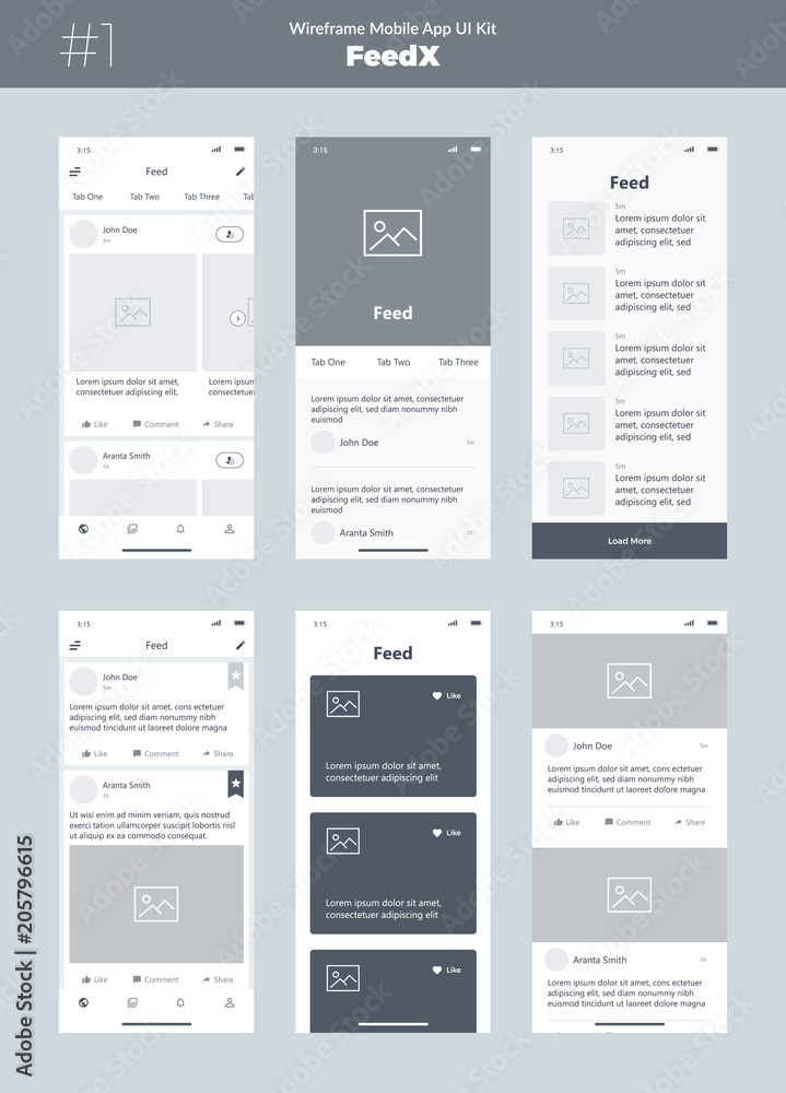 Wall mural wireframe kit for mobile phone. mobile app ui design. feed, photos, public, and news screens.